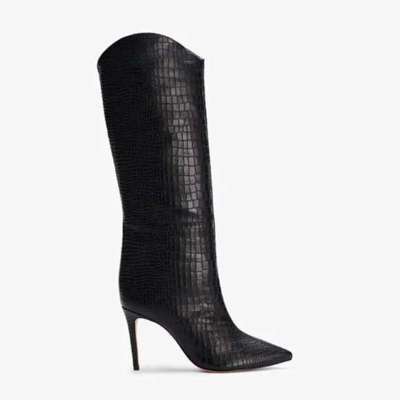 Schutz Maryana High Heel Leather Crocodile-Embossed Boot Black 7.5 - Picture 2 of 16